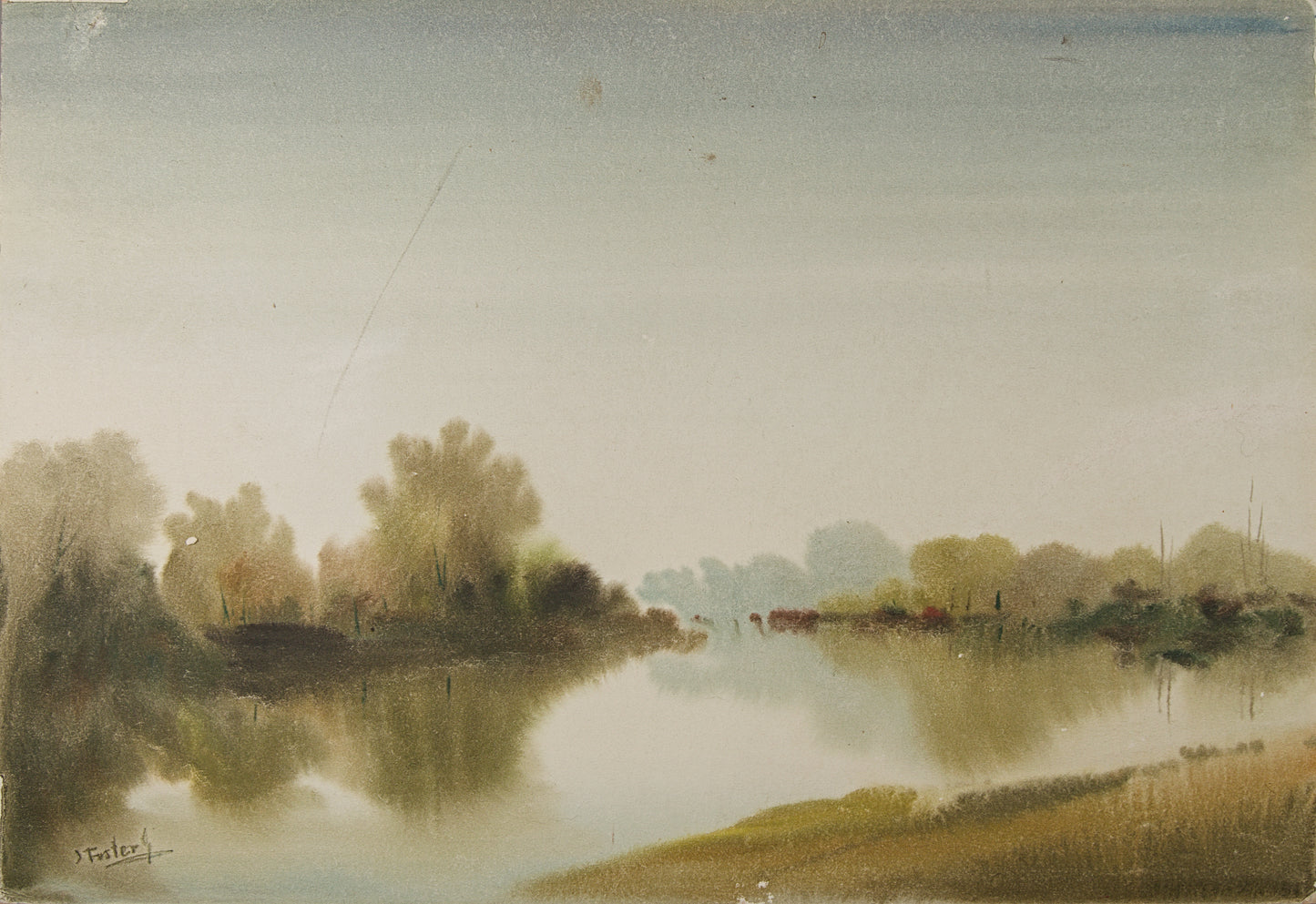 JOAN FUSTER GIMPERA | PAISAJE FLUVIAL CON NIEBLA | ACUARELA ORIGINAL | PAISAJISMO CATALÁN