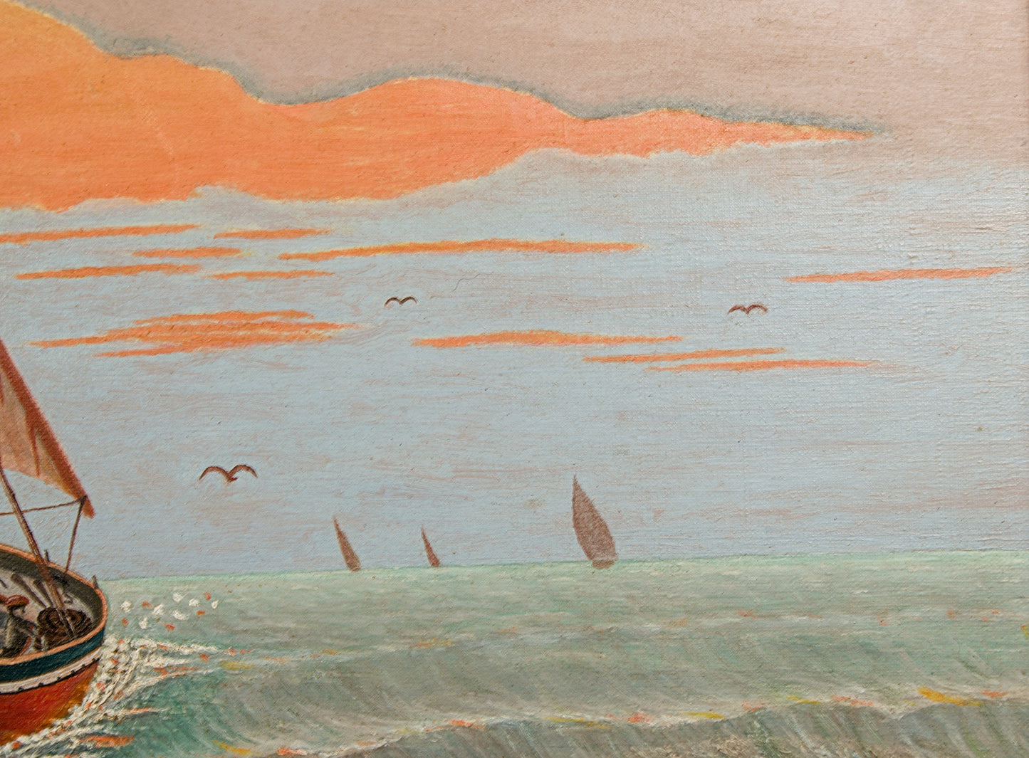 M. Vives Aromí | Marina con Vela Latina al Atardecer | Óleo sobre lienzo | Escuela Mediterránea