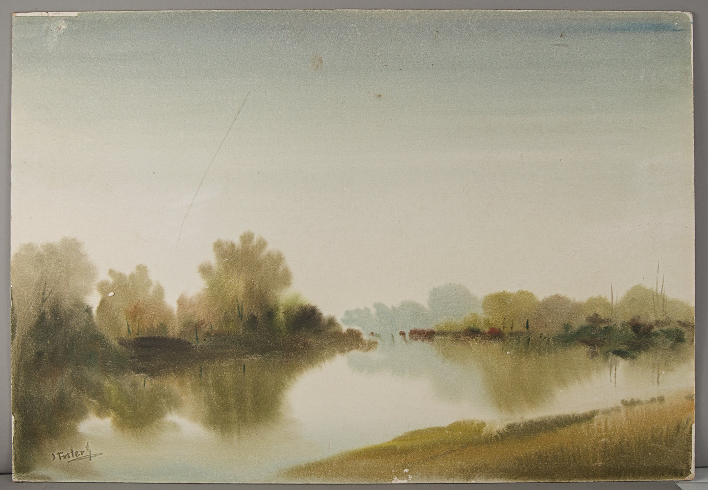 JOAN FUSTER GIMPERA | PAISAJE FLUVIAL CON NIEBLA | ACUARELA ORIGINAL | PAISAJISMO CATALÁN