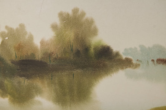 JOAN FUSTER GIMPERA | PAISAJE FLUVIAL CON NIEBLA | ACUARELA ORIGINAL | PAISAJISMO CATALÁN