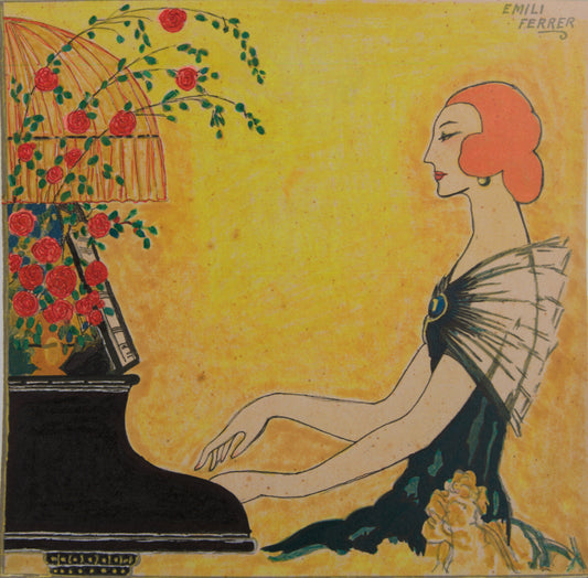EMILI FERRER I ESPEL | DAMA AL PIANO | ART DÉCO ILUMINADO A MANO | TÉCNICA MIXTA