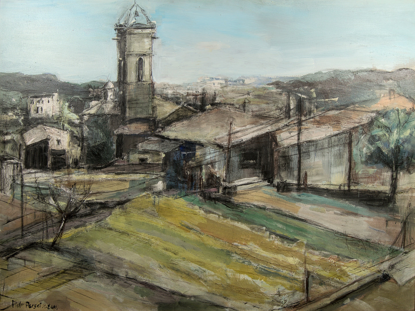 Piotr Perski | Expresionismo Monumental: Paisaje con Campanario XXL | Óleo sobre Lienzo | 2005