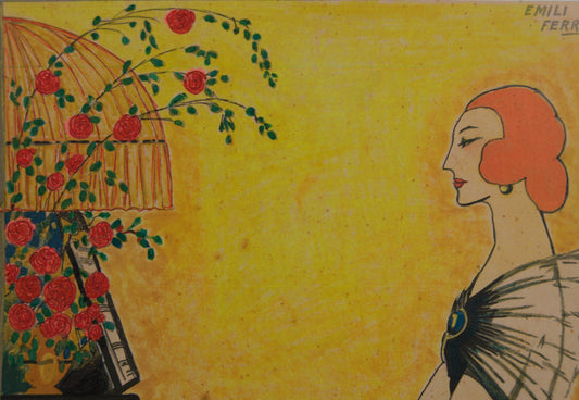 EMILI FERRER I ESPEL | DAMA AL PIANO | ART DÉCO ILUMINADO A MANO | TÉCNICA MIXTA