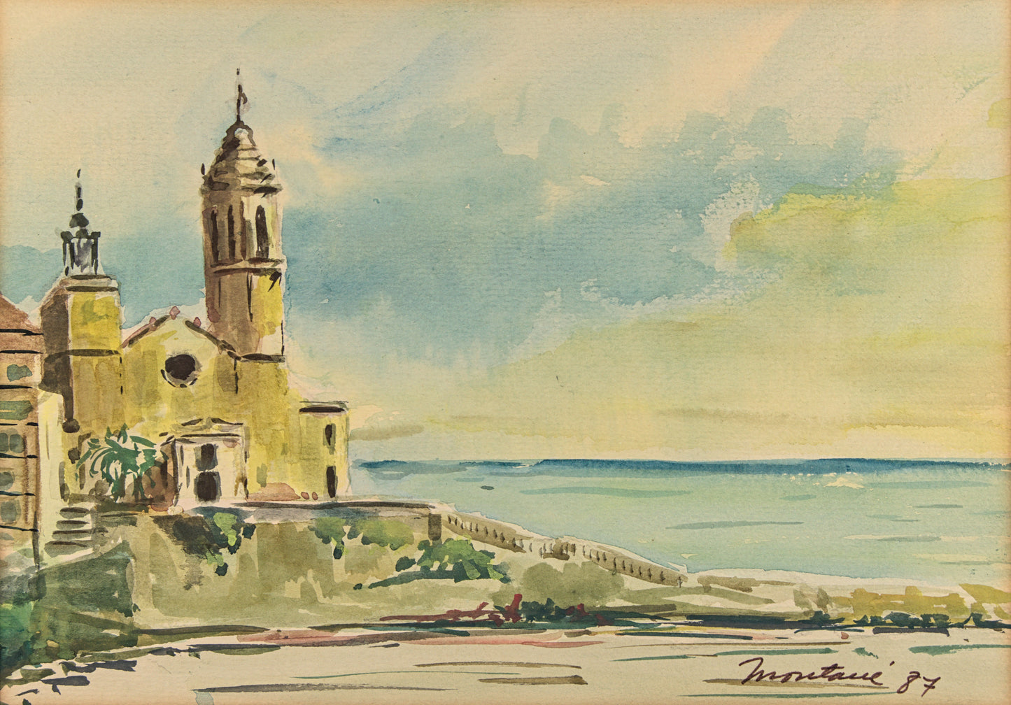 Atribuido a Lluís Muntané | Iglesia de Sitges (La Punta) | Acuarela sobre Papel | 1987