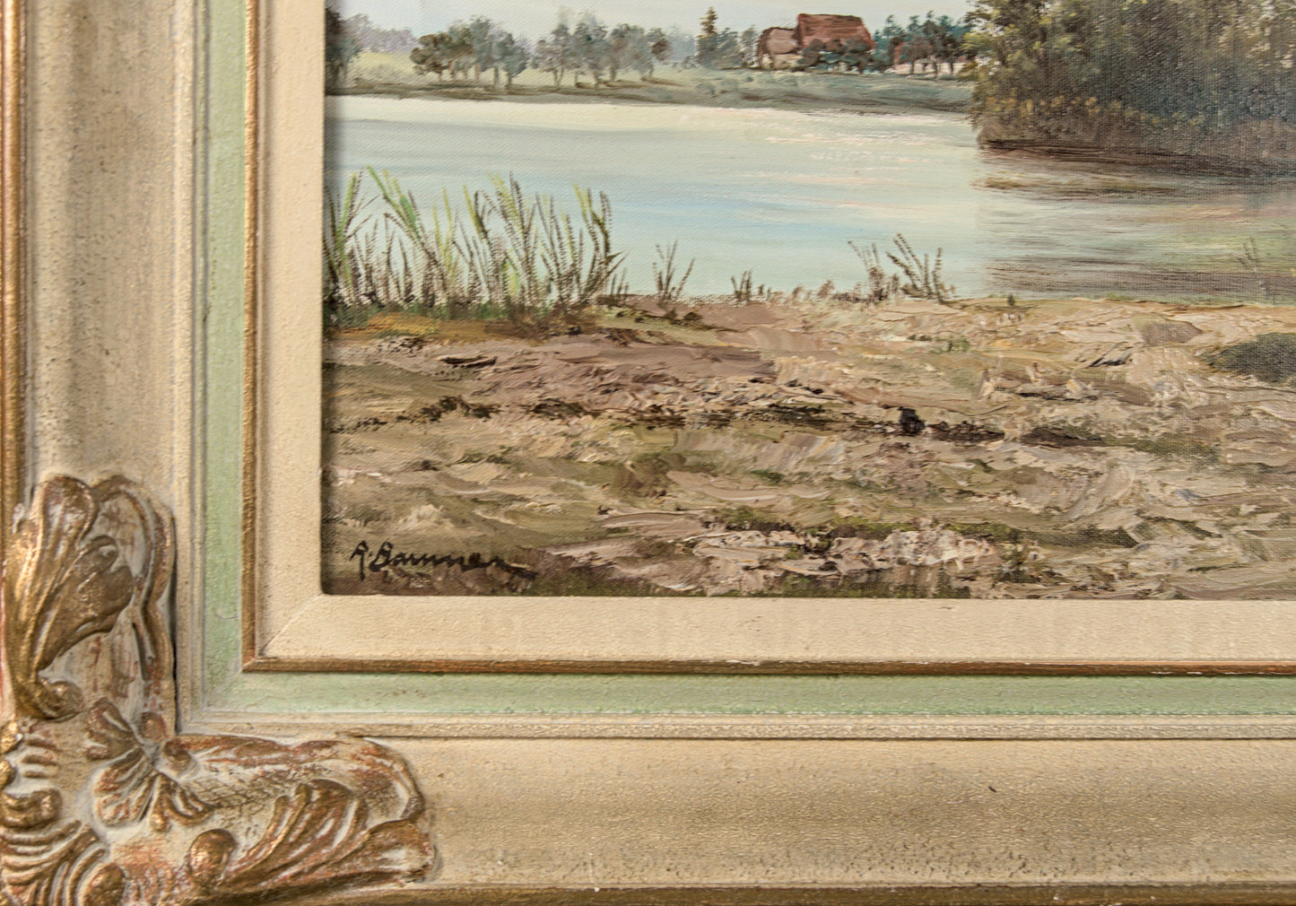 R. Baumer | Paisaje Lacustre con Casa Rural | Óleo sobre Lienzo