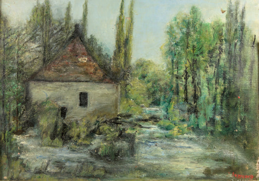 Firma Ilegible | Paisaje Fluvial con Molino | Óleo sobre lienzo | Escuela Catalana S. XIX | IMPRESONISMO