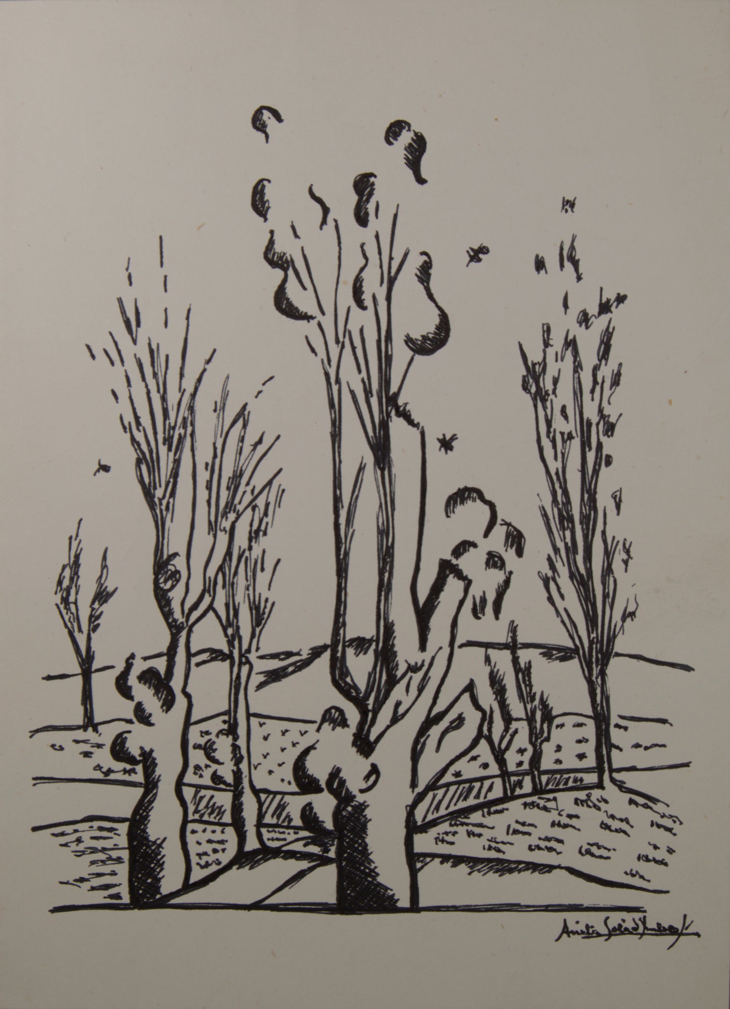 ANITA SOLÀ IMBERT | PAISAJE RURAL CON ÁRBOLES | DIBUJO ORIGINAL A TINTA | EXPRESIONISMO CATALÁN