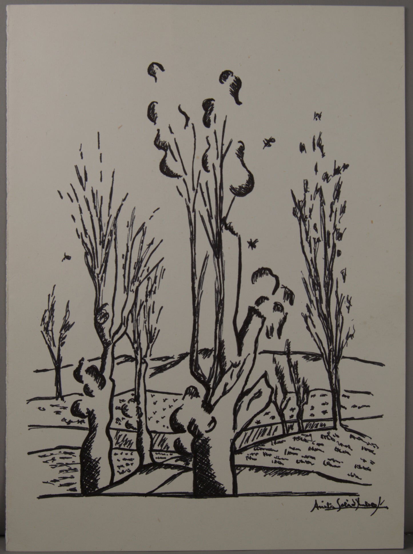 ANITA SOLÀ IMBERT | PAISAJE RURAL CON ÁRBOLES | DIBUJO ORIGINAL A TINTA | EXPRESIONISMO CATALÁN
