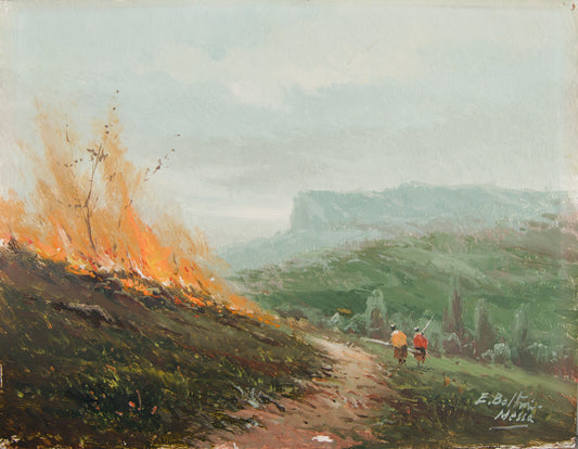 ENRIQUE BELTRÁN MESSA | PAISAJE CON INCENDIO | ÓLEO SOBRE TABLA | PAISAJISMO ESPAÑOL