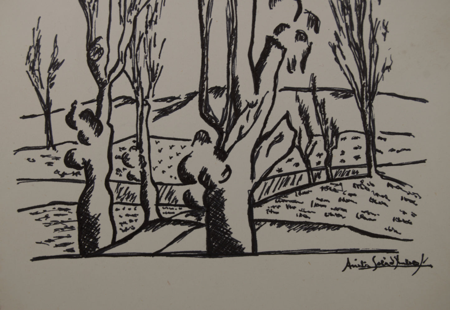 ANITA SOLÀ IMBERT | PAISAJE RURAL CON ÁRBOLES | DIBUJO ORIGINAL A TINTA | EXPRESIONISMO CATALÁN