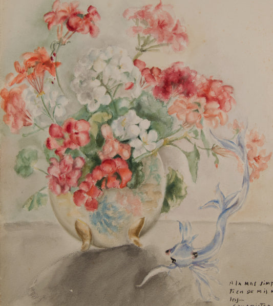 PILAR ARANDA | STILLLEBEN MIT GERANIEN UND FANTASTISCHEN FISCHEN | SPANISCHE SCHULE | AQUARELL AUF TAFEL (1945)