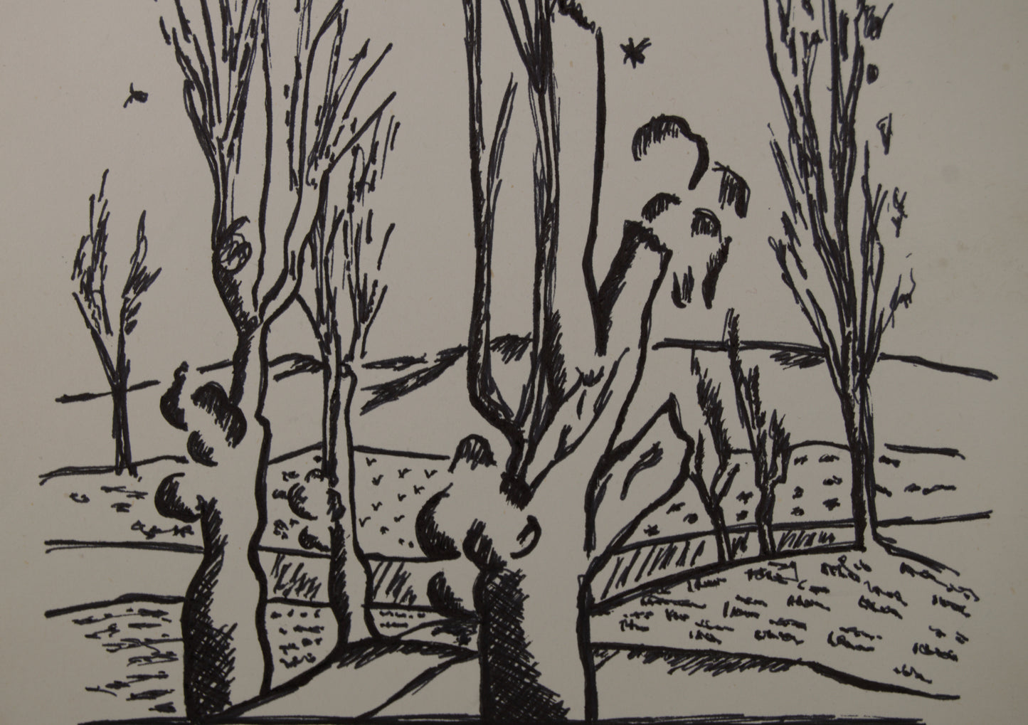 ANITA SOLÀ IMBERT | PAISAJE RURAL CON ÁRBOLES | DIBUJO ORIGINAL A TINTA | EXPRESIONISMO CATALÁN