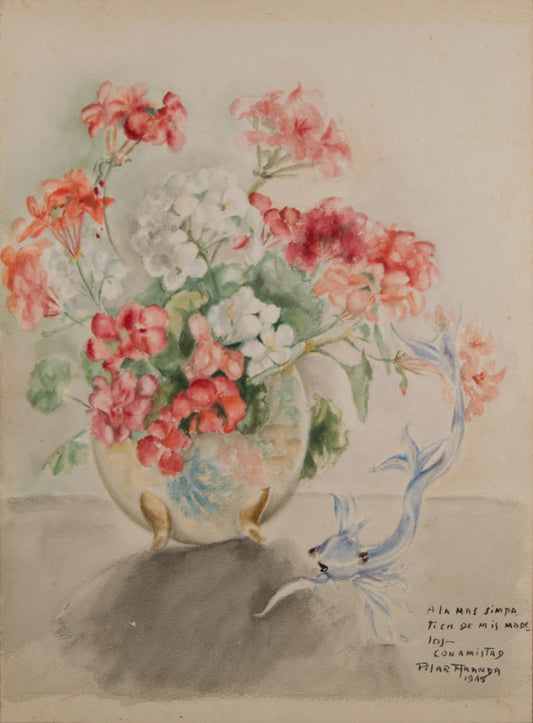 PILAR ARANDA | STILLLEBEN MIT GERANIEN UND FANTASTISCHEN FISCHEN | SPANISCHE SCHULE | AQUARELL AUF TAFEL (1945)