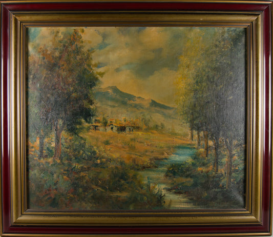 M. Sauret | Paisaje Fluvial con Caserío y Montañas (S. XIX) | Óleo Original