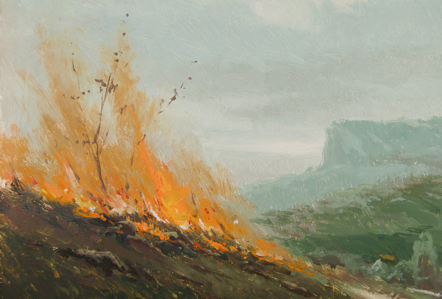 ENRIQUE BELTRÁN MESSA | PAISAJE CON INCENDIO | ÓLEO SOBRE TABLA | PAISAJISMO ESPAÑOL