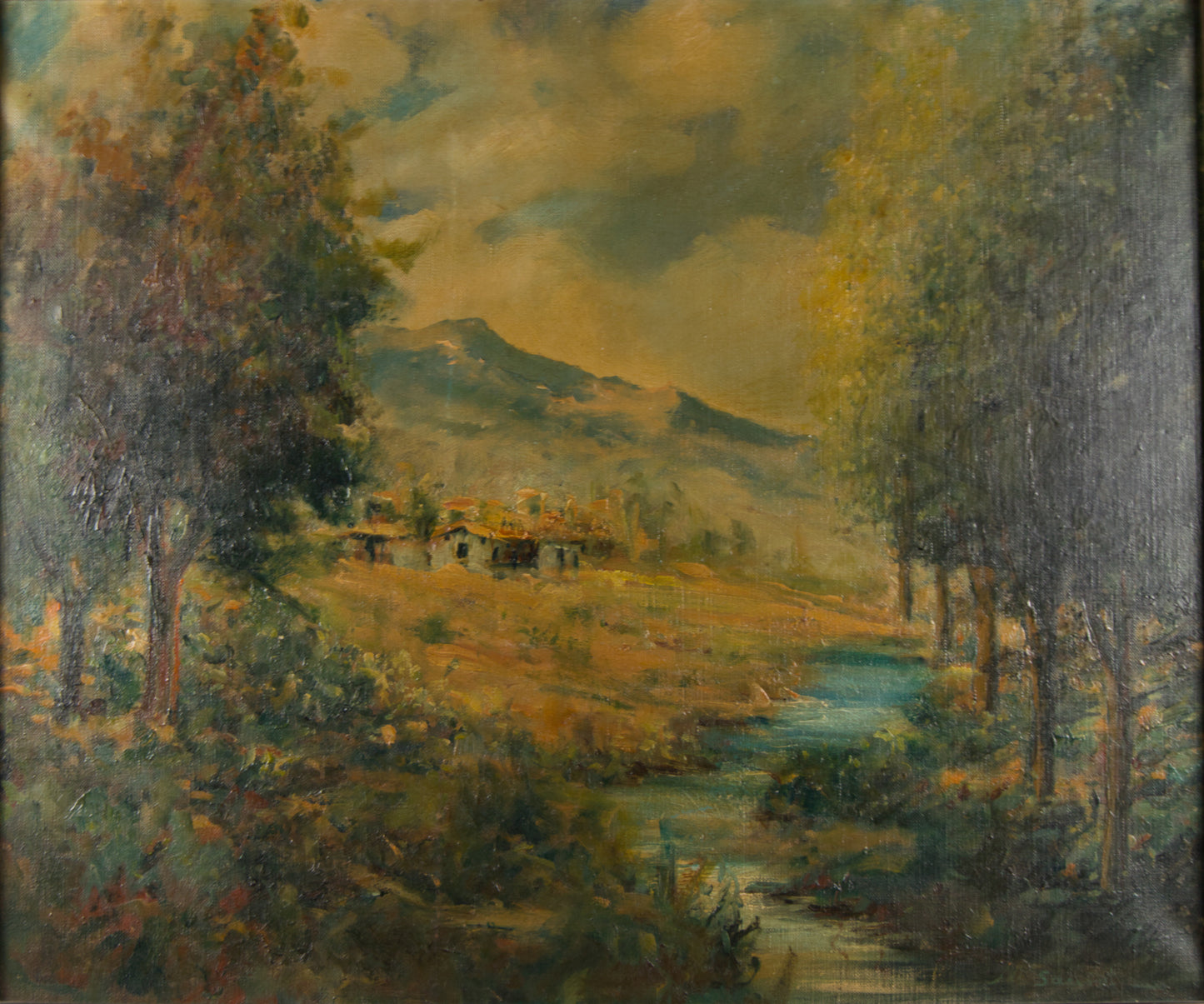 M. Sauret | Paisaje Fluvial con Caserío y Montañas (S. XIX) | Óleo Original