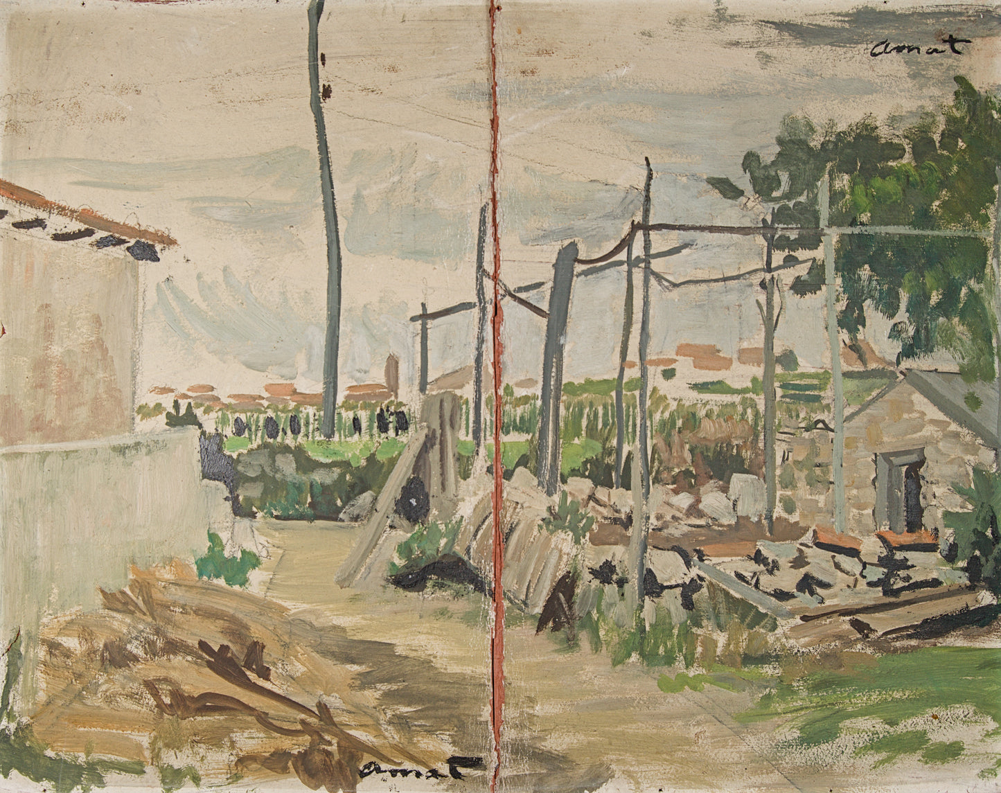 JOSEP AMAT PAGÈS | PAISAJE DE LAS AFUERAS | DÍPTICO PANORÁMICO | ÓLEO SOBRE TABLA