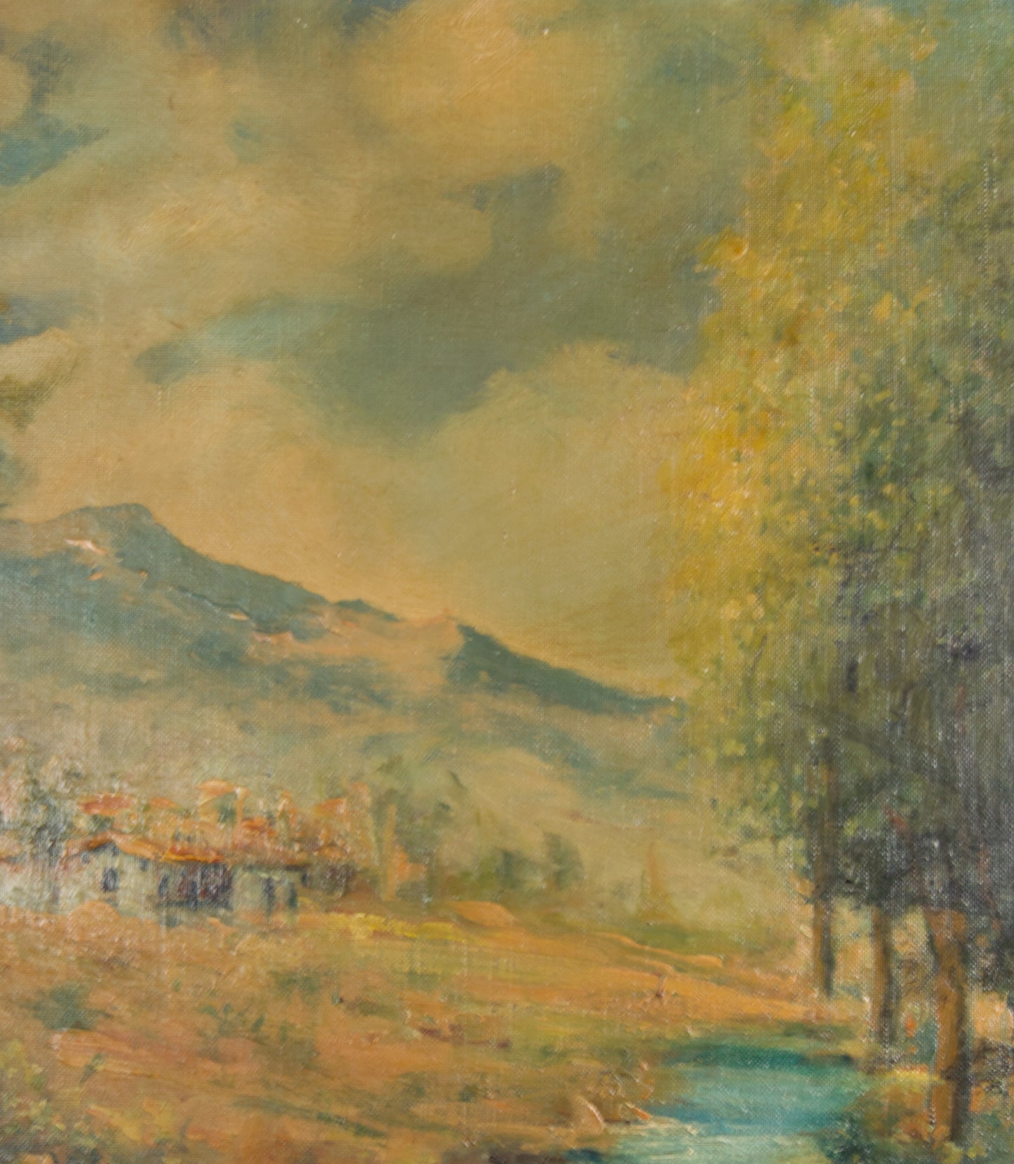 M. Sauret | Paisaje Fluvial con Caserío y Montañas (S. XIX) | Óleo Original