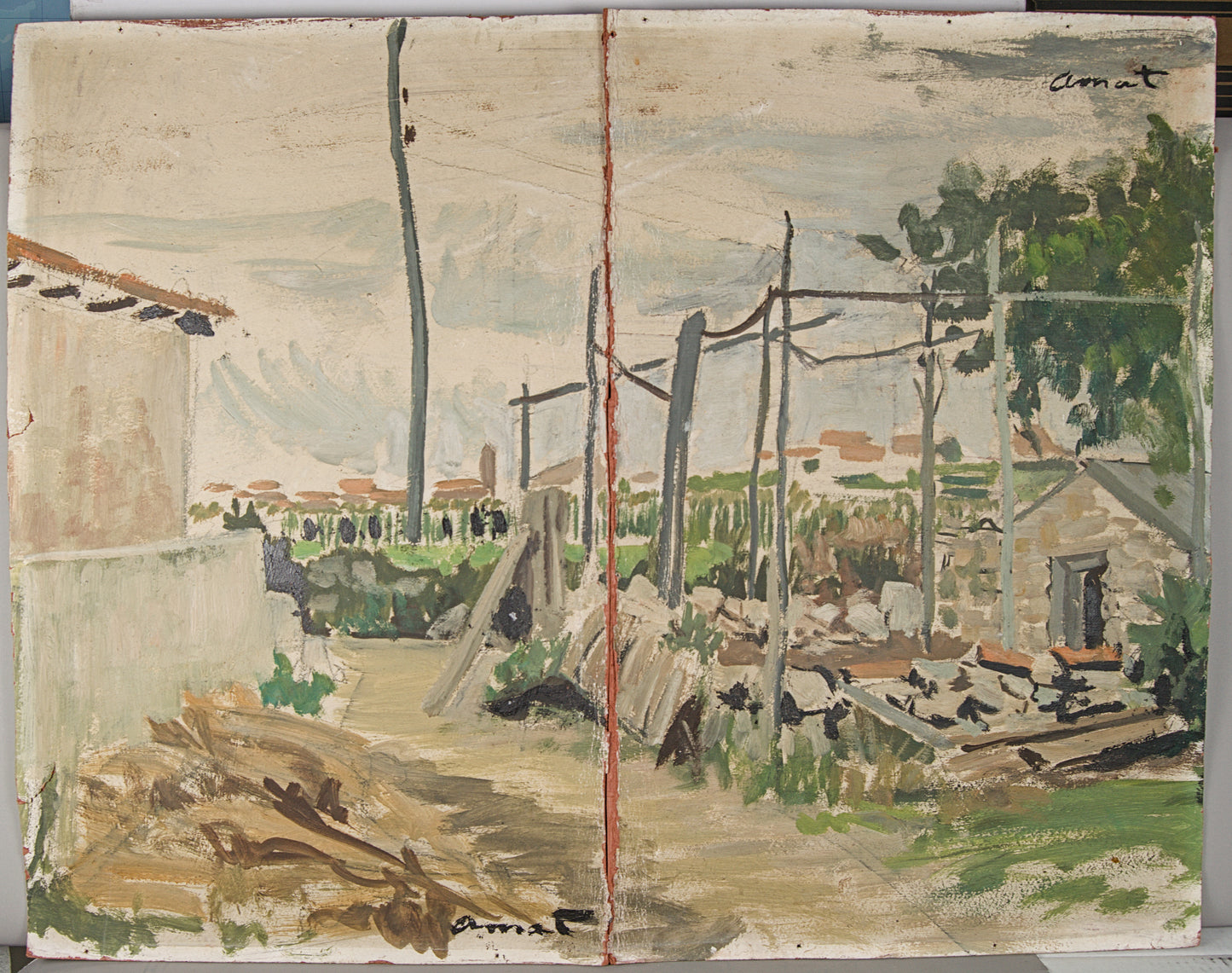 JOSEP AMAT PAGÈS | PAISAJE DE LAS AFUERAS | DÍPTICO PANORÁMICO | ÓLEO SOBRE TABLA