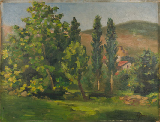 JOSEP COLOMER | LÄNDLICHE LANDSCHAFT MIT BAUERNHAUS UND BÄUMEN | SCHULE VON OLOT | ÖL AUF LEINWAND