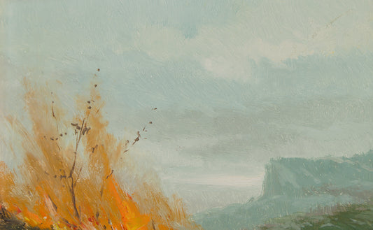ENRIQUE BELTRÁN MESSA | PAISAJE CON INCENDIO | ÓLEO SOBRE TABLA | PAISAJISMO ESPAÑOL