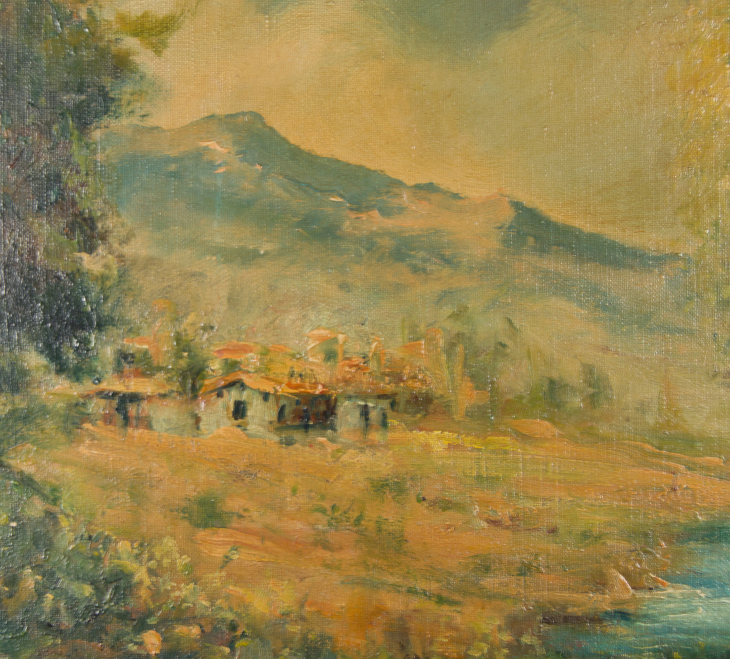 M. Sauret | Paisaje Fluvial con Caserío y Montañas (S. XIX) | Óleo Original