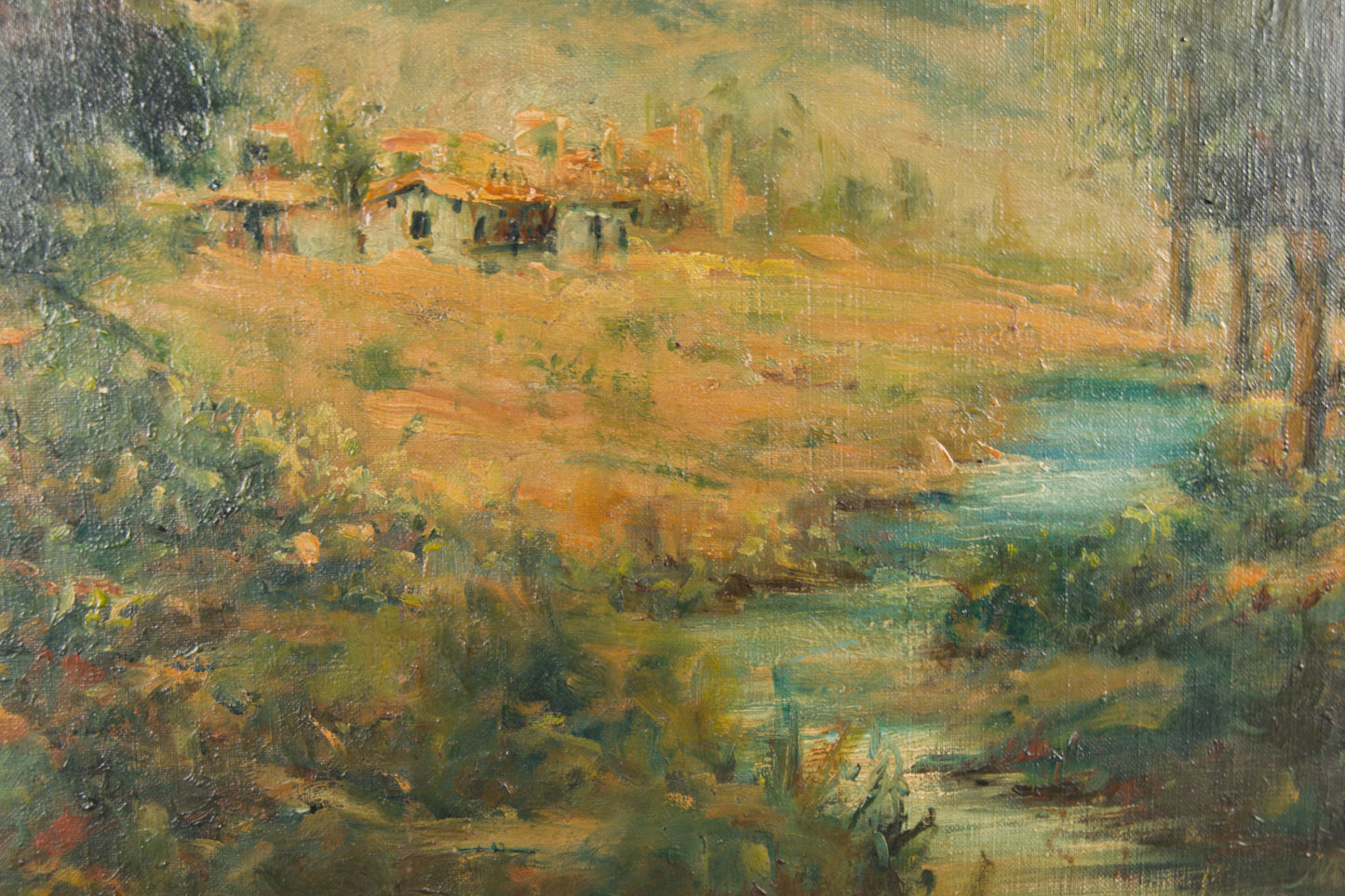 M. Sauret | Paisaje Fluvial con Caserío y Montañas (S. XIX) | Óleo Original