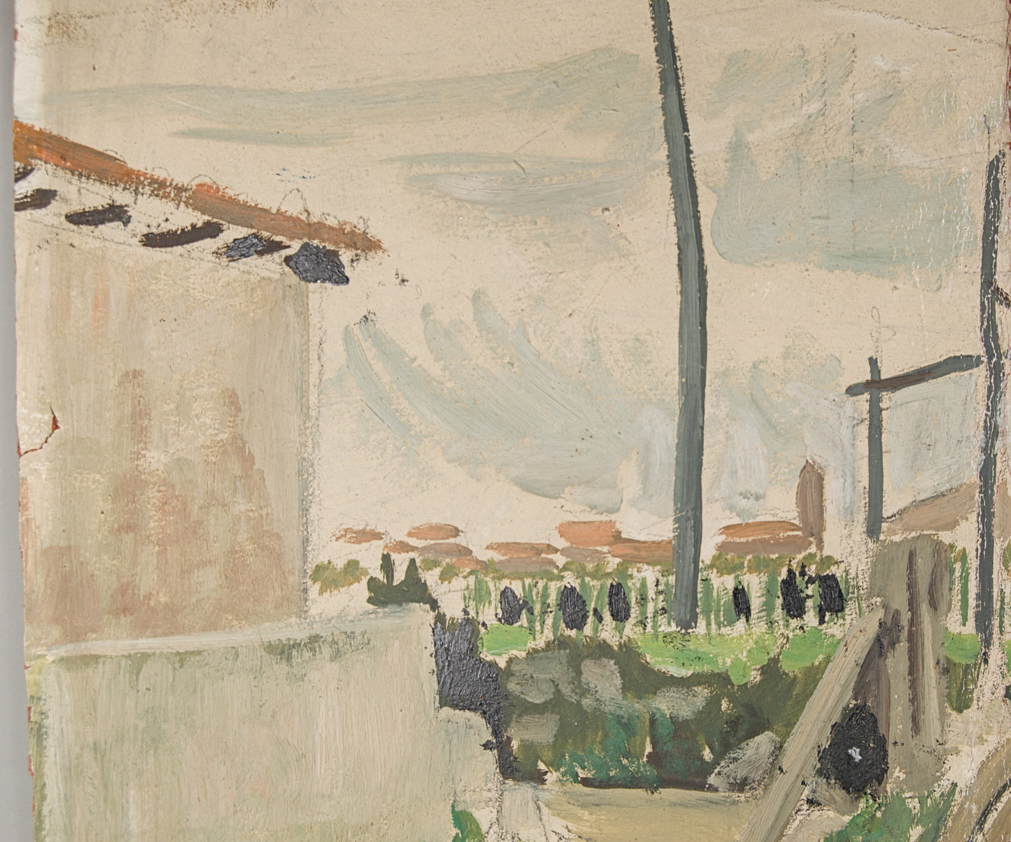 JOSEP AMAT PAGÈS | PAISAJE DE LAS AFUERAS | DÍPTICO PANORÁMICO | ÓLEO SOBRE TABLA