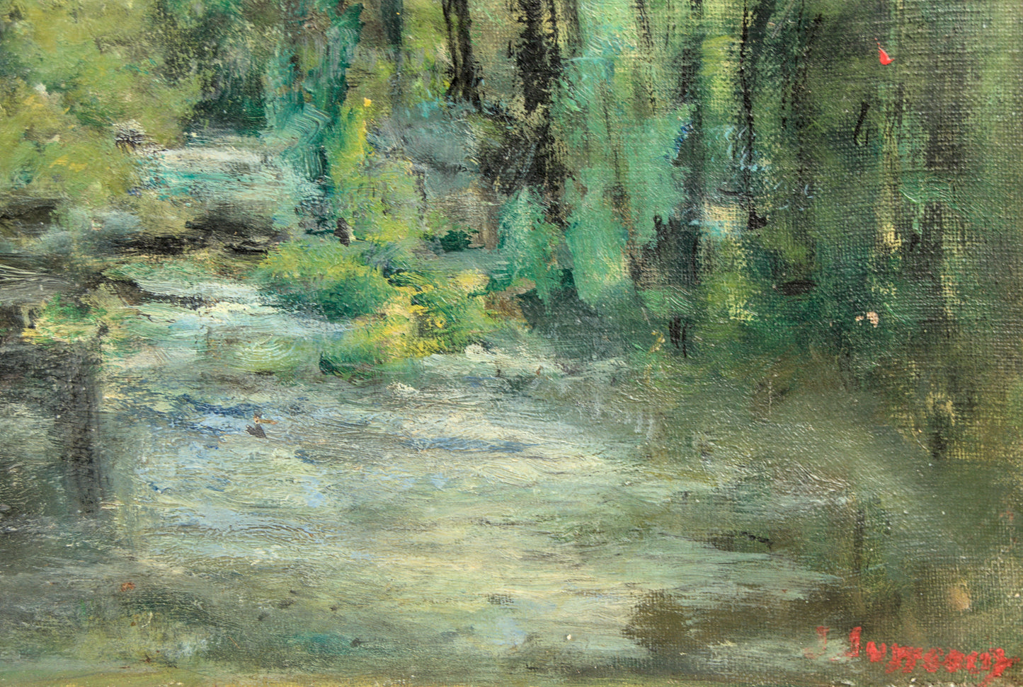 Firma Ilegible | Paisaje Fluvial con Molino | Óleo sobre lienzo | Escuela Catalana S. XIX | IMPRESONISMO