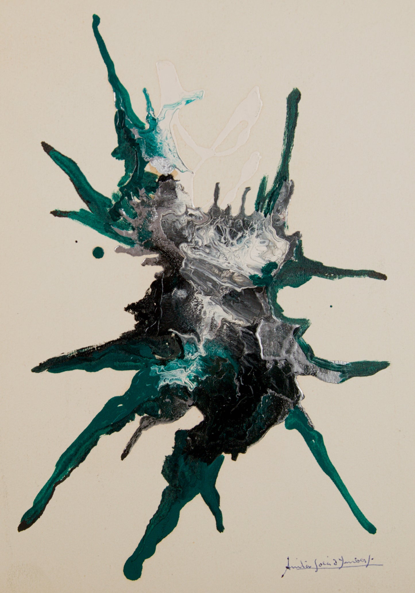 ANITA SOLÀ D'IMBERT | FORMA ABSTRACTA EN VERDE Y NEGRO | INFORMALISMO MATÉRICO | ACRÍLICO SOBRE PAPEL