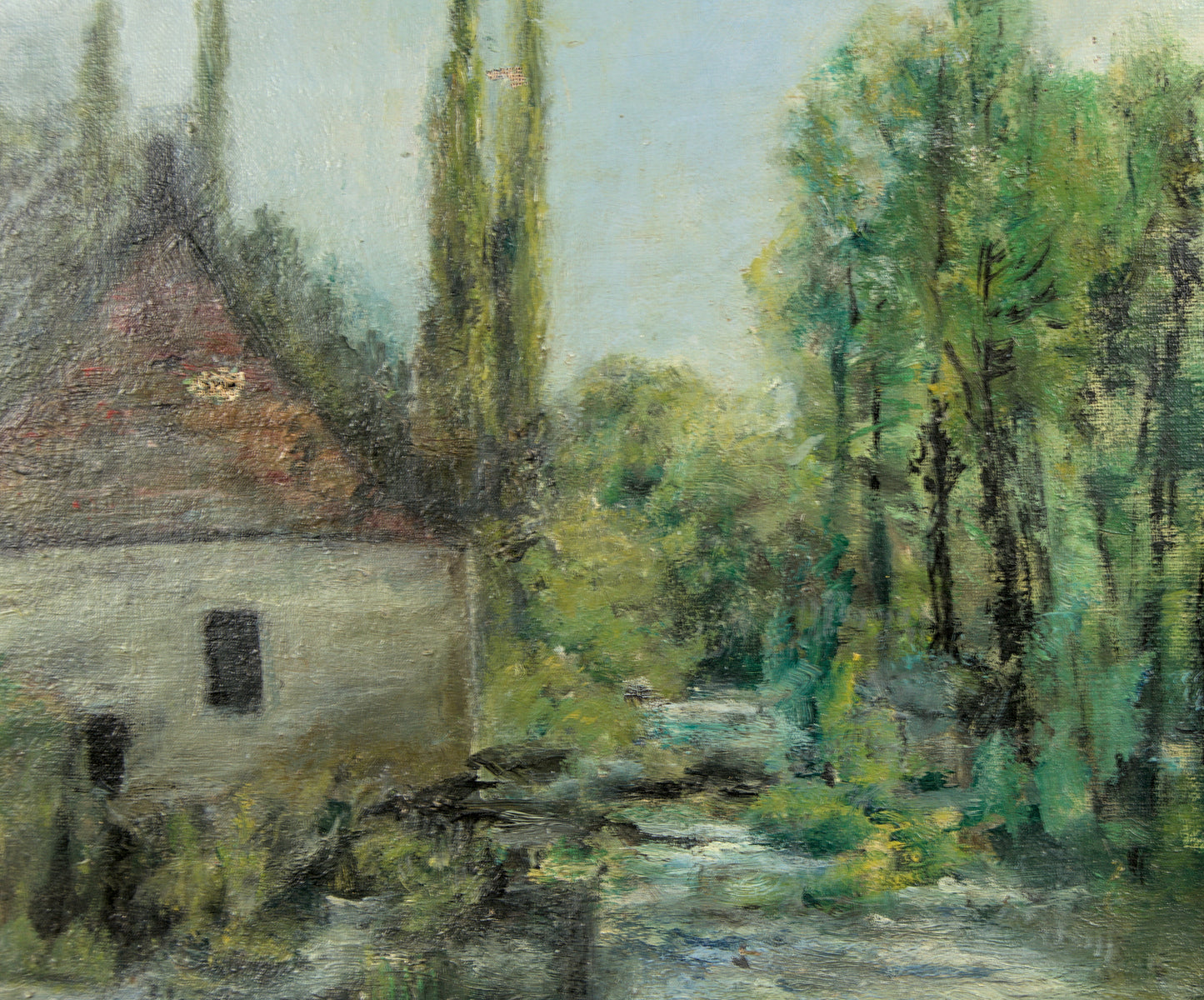 Firma Ilegible | Paisaje Fluvial con Molino | Óleo sobre lienzo | Escuela Catalana S. XIX | IMPRESONISMO