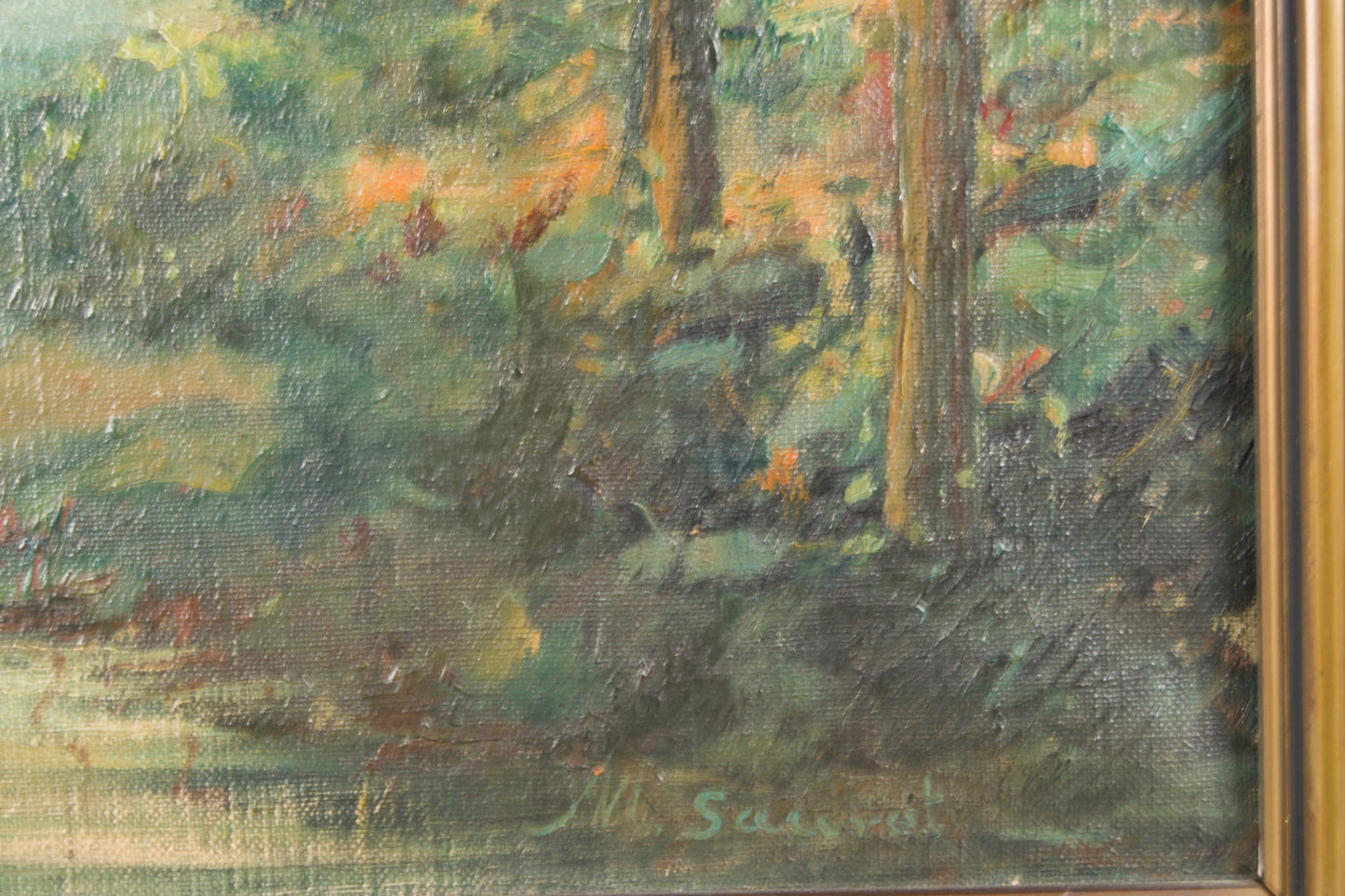 M. Sauret | Paisaje Fluvial con Caserío y Montañas (S. XIX) | Óleo Original