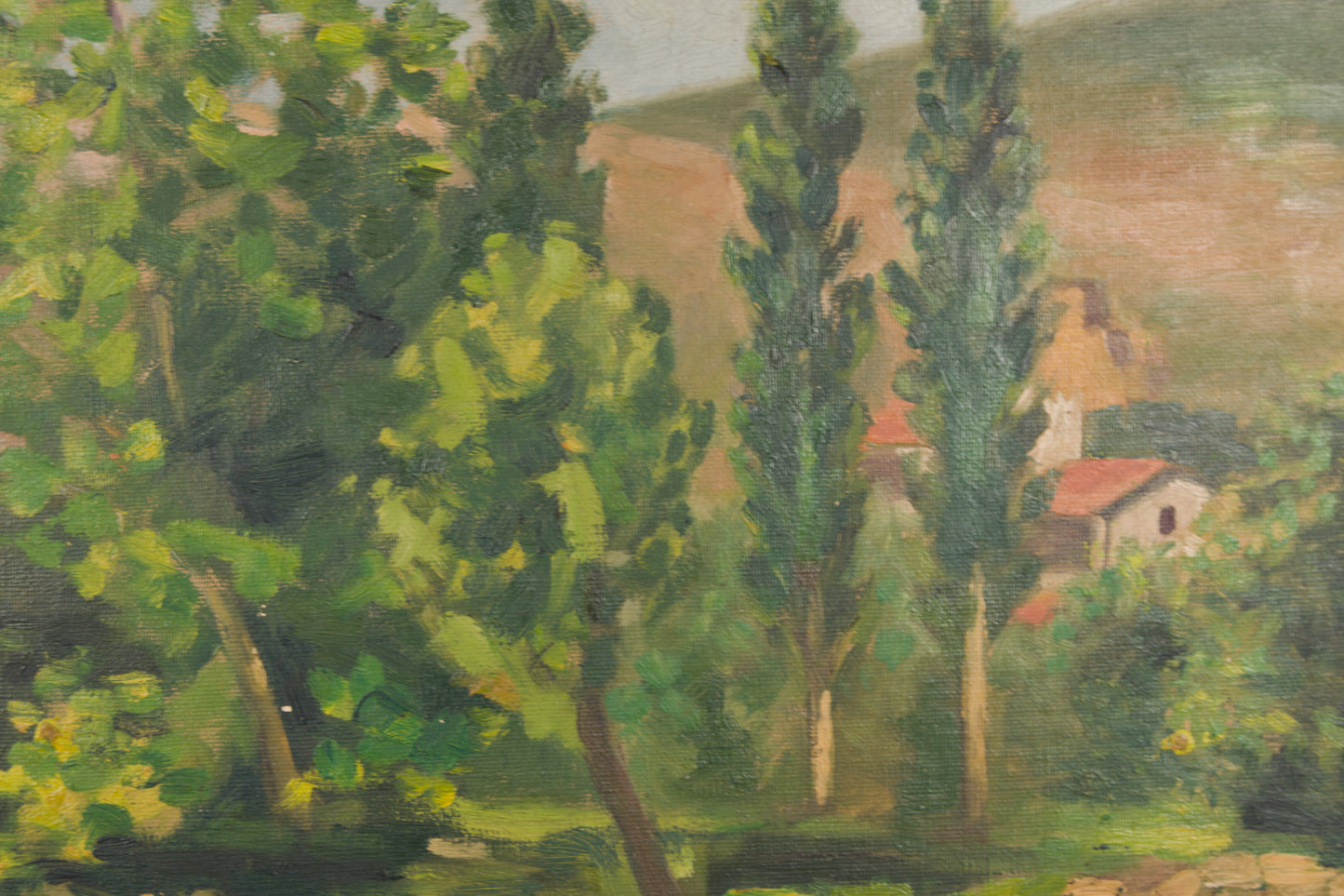 JOSEP COLOMER | LÄNDLICHE LANDSCHAFT MIT BAUERNHAUS UND BÄUMEN | SCHULE VON OLOT | ÖL AUF LEINWAND