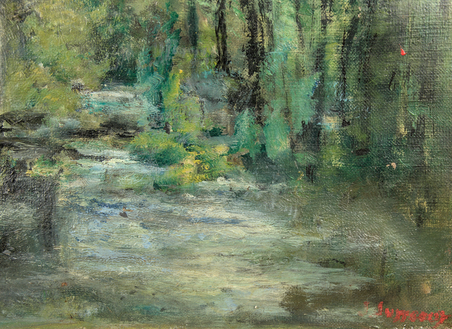 Firma Ilegible | Paisaje Fluvial con Molino | Óleo sobre lienzo | Escuela Catalana S. XIX | IMPRESONISMO