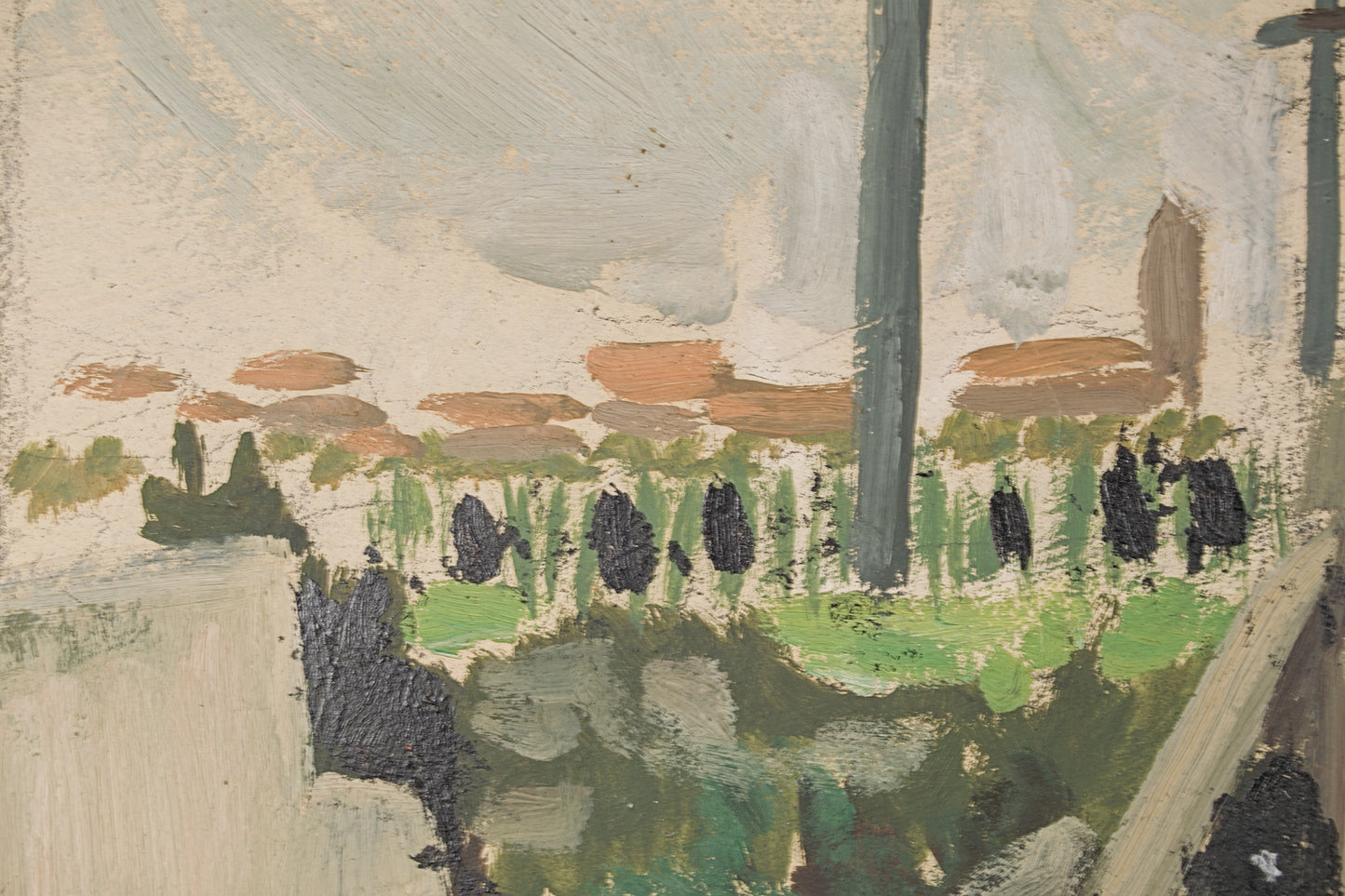 JOSEP AMAT PAGÈS | PAISAJE DE LAS AFUERAS | DÍPTICO PANORÁMICO | ÓLEO SOBRE TABLA