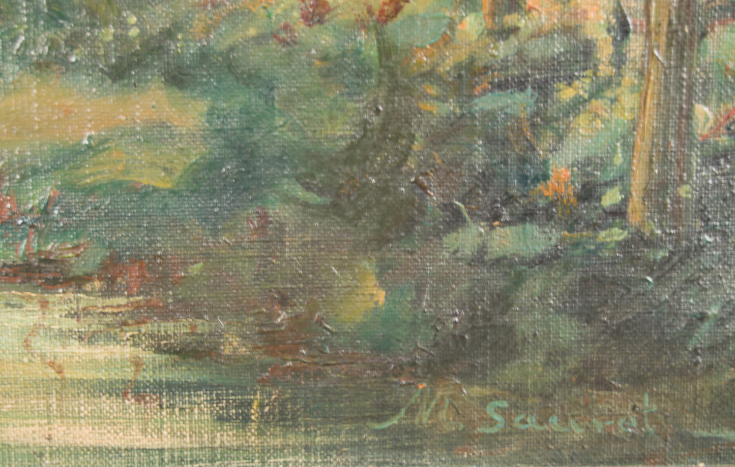 M. Sauret | Paisaje Fluvial con Caserío y Montañas (S. XIX) | Óleo Original