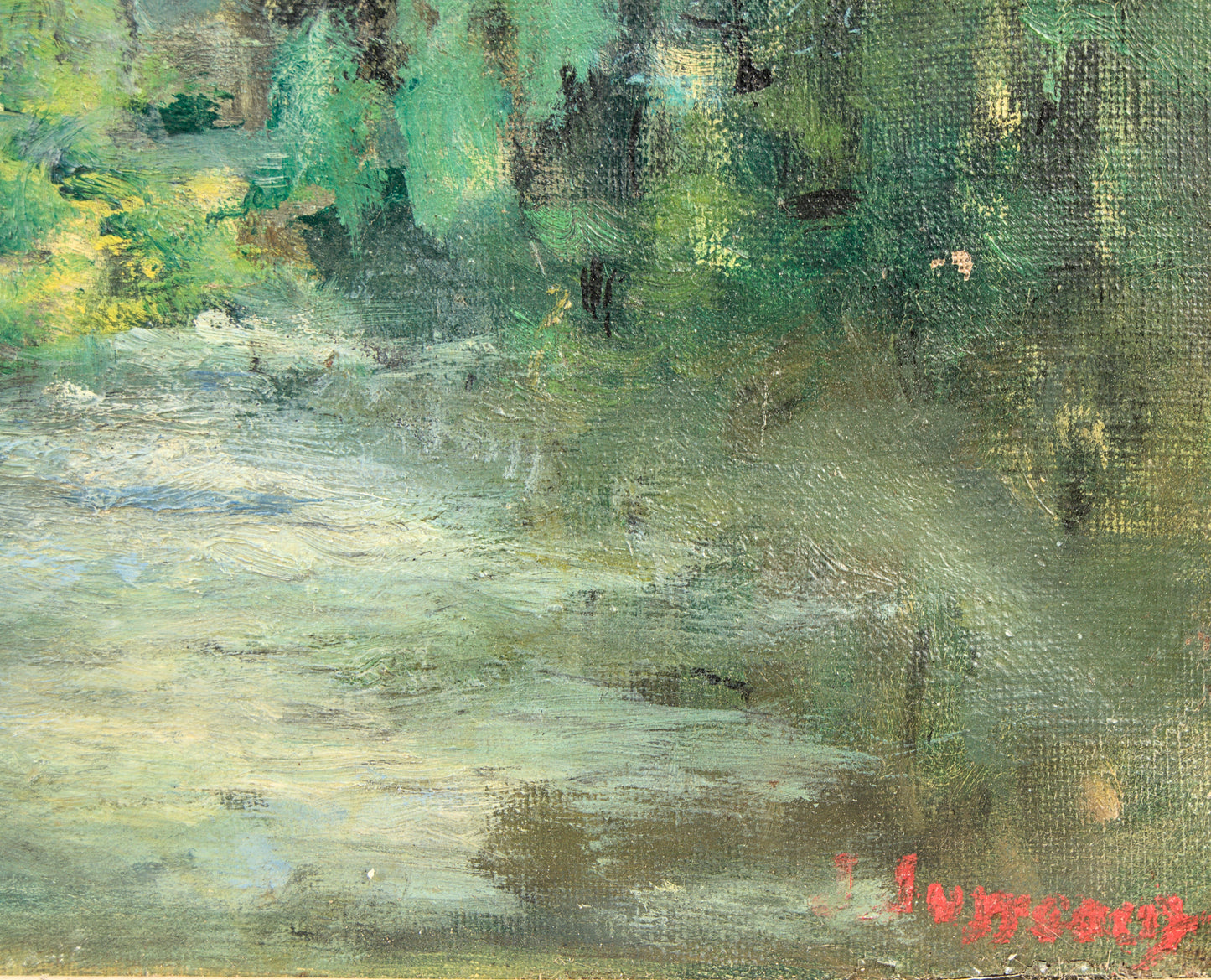 Firma Ilegible | Paisaje Fluvial con Molino | Óleo sobre lienzo | Escuela Catalana S. XIX | IMPRESONISMO