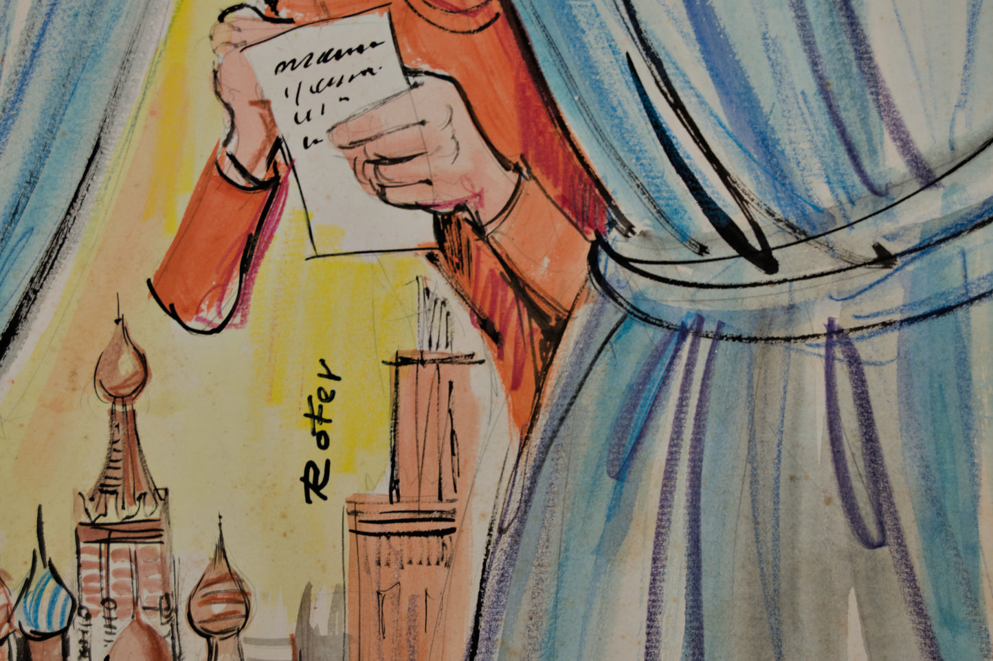 ROFER (ROBERTO FERNÁNDEZ) | TRAS EL TELÓN (CRÓNICA SOVIÉTICA) | ILUSTRACIÓN ORIGINAL DE PRENSA | TÉCNICA MIXTA