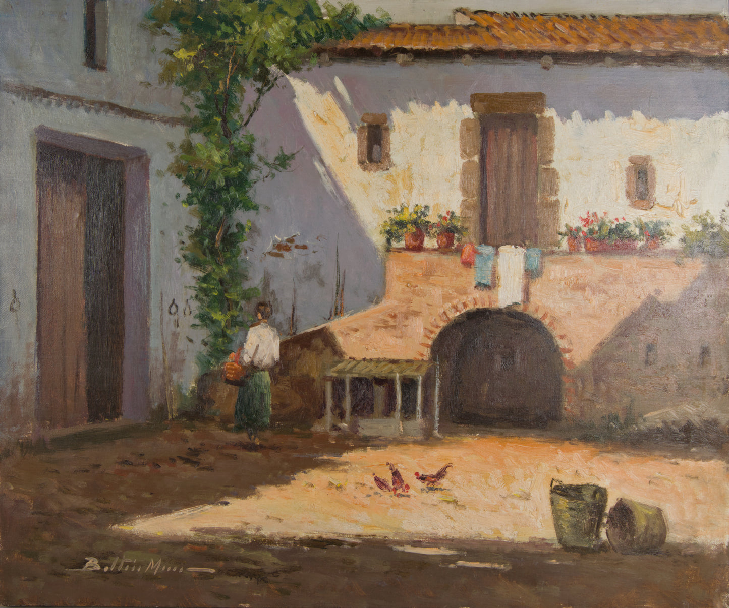 BELTRÁN MESSA | LÄNDLICHER INNENHOF MIT FIGUR UND HÜHNERN | SPANISCHE KOSTÜMBRISTOM | ÖL AUF LEINWAND