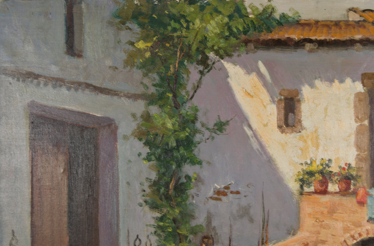 BELTRÁN MESSA | LÄNDLICHER INNENHOF MIT FIGUR UND HÜHNERN | SPANISCHE KOSTÜMBRISTOM | ÖL AUF LEINWAND