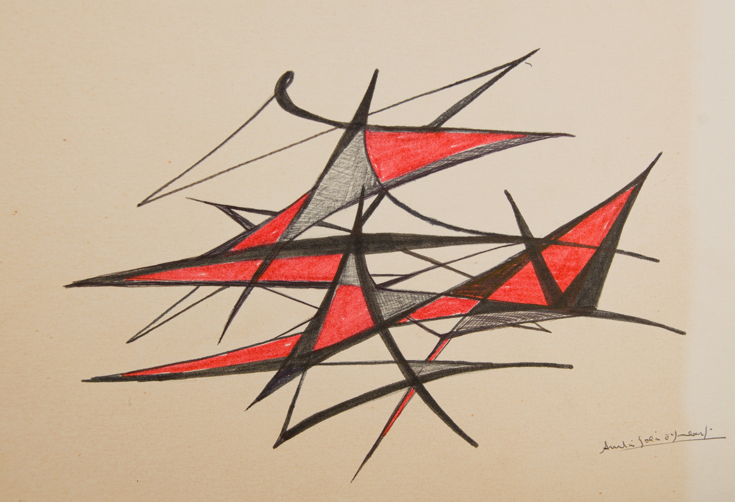 ANITA SOLÀ D'IMBERT | COMPOSICIÓN ESTRUCTURAL EN ROJO Y NEGRO | ABSTRACCIÓN GEOMÉTRICA | TÉCNICA MIXTA