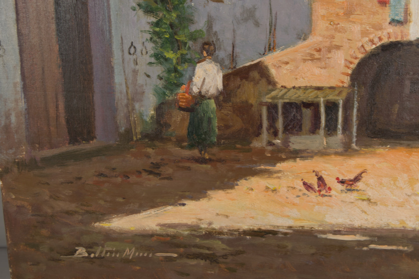 BELTRÁN MESSA | LÄNDLICHER INNENHOF MIT FIGUR UND HÜHNERN | SPANISCHE KOSTÜMBRISTOM | ÖL AUF LEINWAND