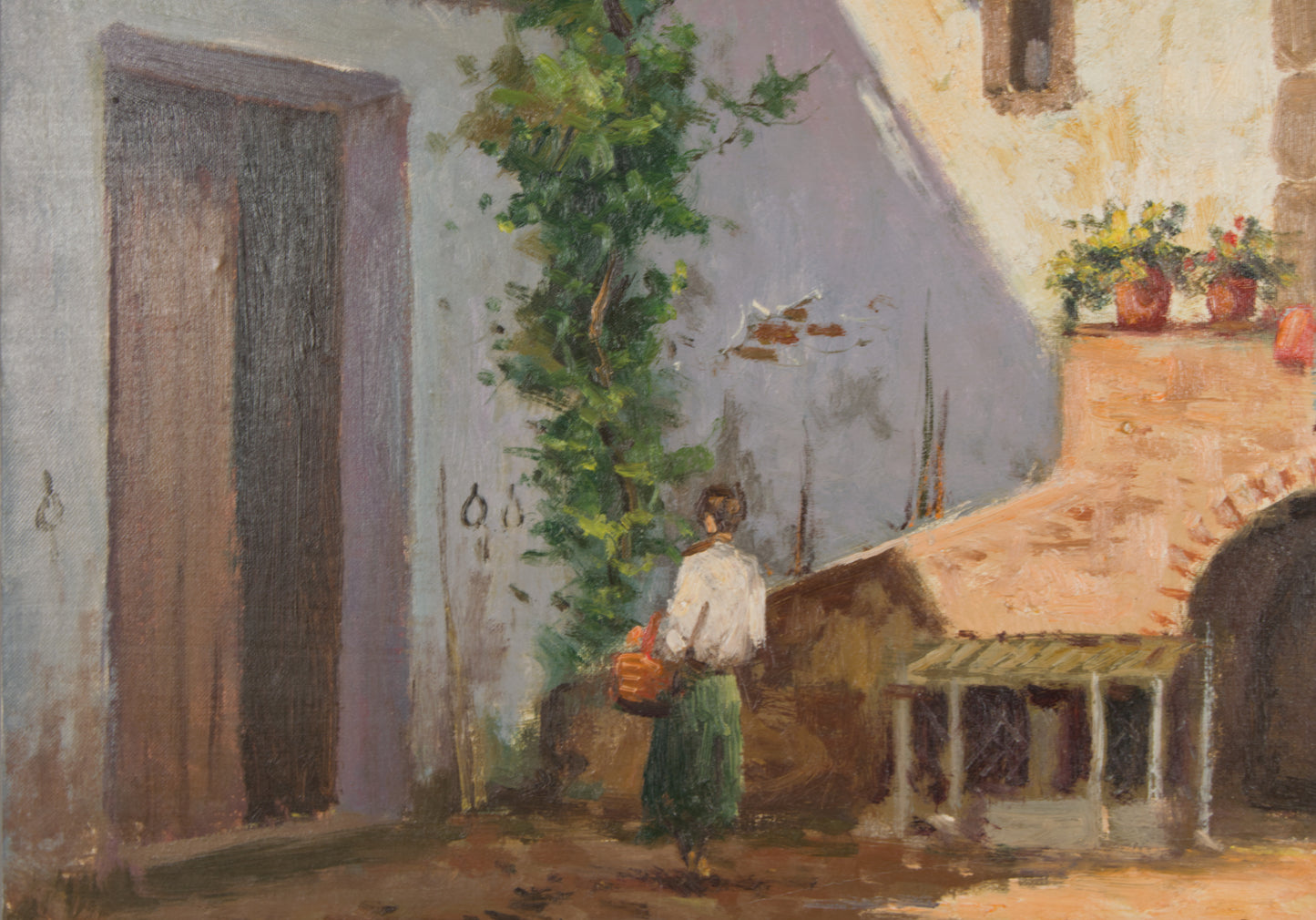 BELTRÁN MESSA | LÄNDLICHER INNENHOF MIT FIGUR UND HÜHNERN | SPANISCHE KOSTÜMBRISTOM | ÖL AUF LEINWAND