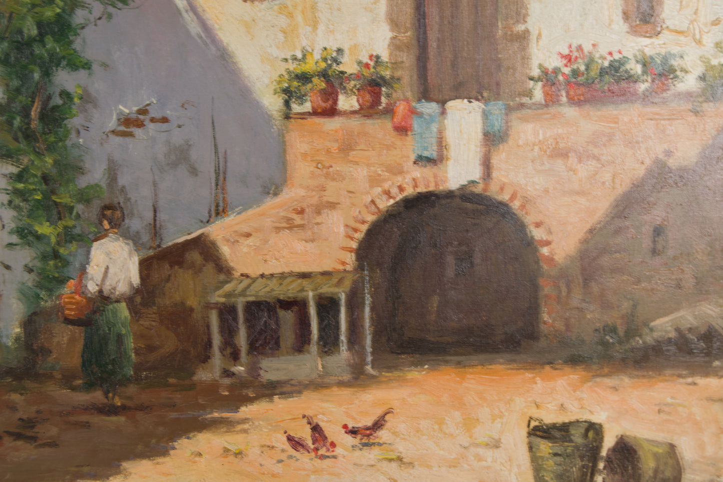 BELTRÁN MESSA | LÄNDLICHER INNENHOF MIT FIGUR UND HÜHNERN | SPANISCHE KOSTÜMBRISTOM | ÖL AUF LEINWAND