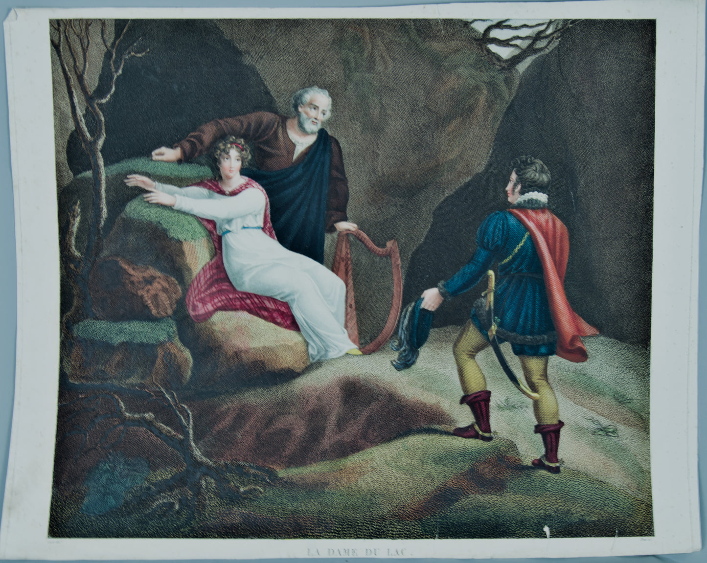 Grabado Original S. XIX | La Dama del Lago (Sir Walter Scott) | Coloreado a Mano