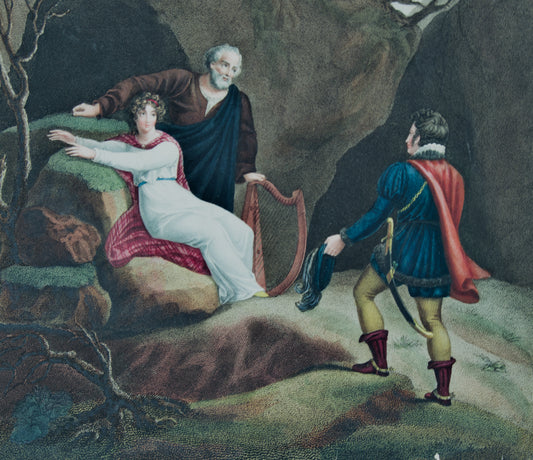 Grabado Original S. XIX | La Dama del Lago (Sir Walter Scott) | Coloreado a Mano