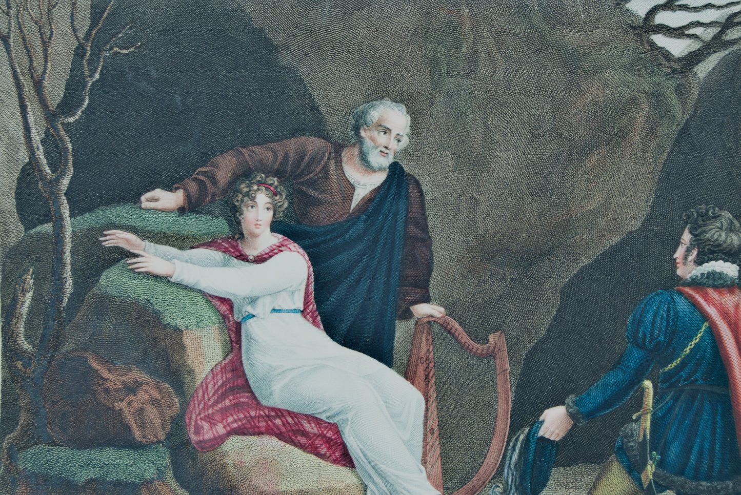 Grabado Original S. XIX | La Dama del Lago (Sir Walter Scott) | Coloreado a Mano