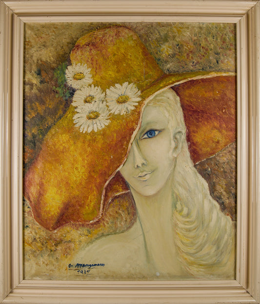 Ángeles Manzanaro | Retrato femenino con sombrero | Óleo sobre lienzo | 1987
