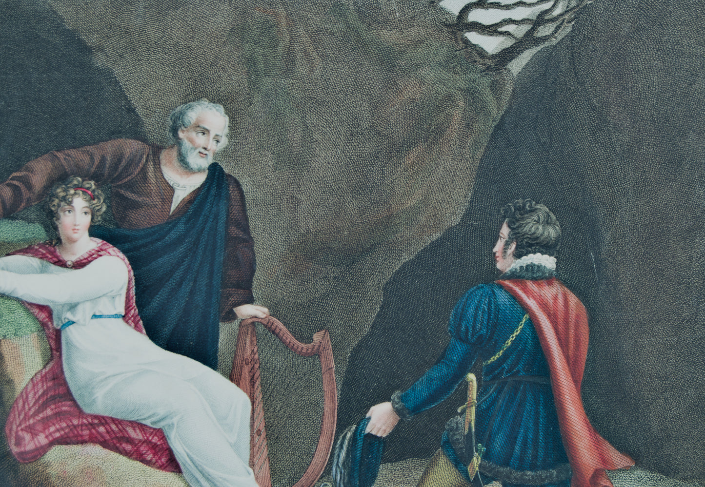 Grabado Original S. XIX | La Dama del Lago (Sir Walter Scott) | Coloreado a Mano