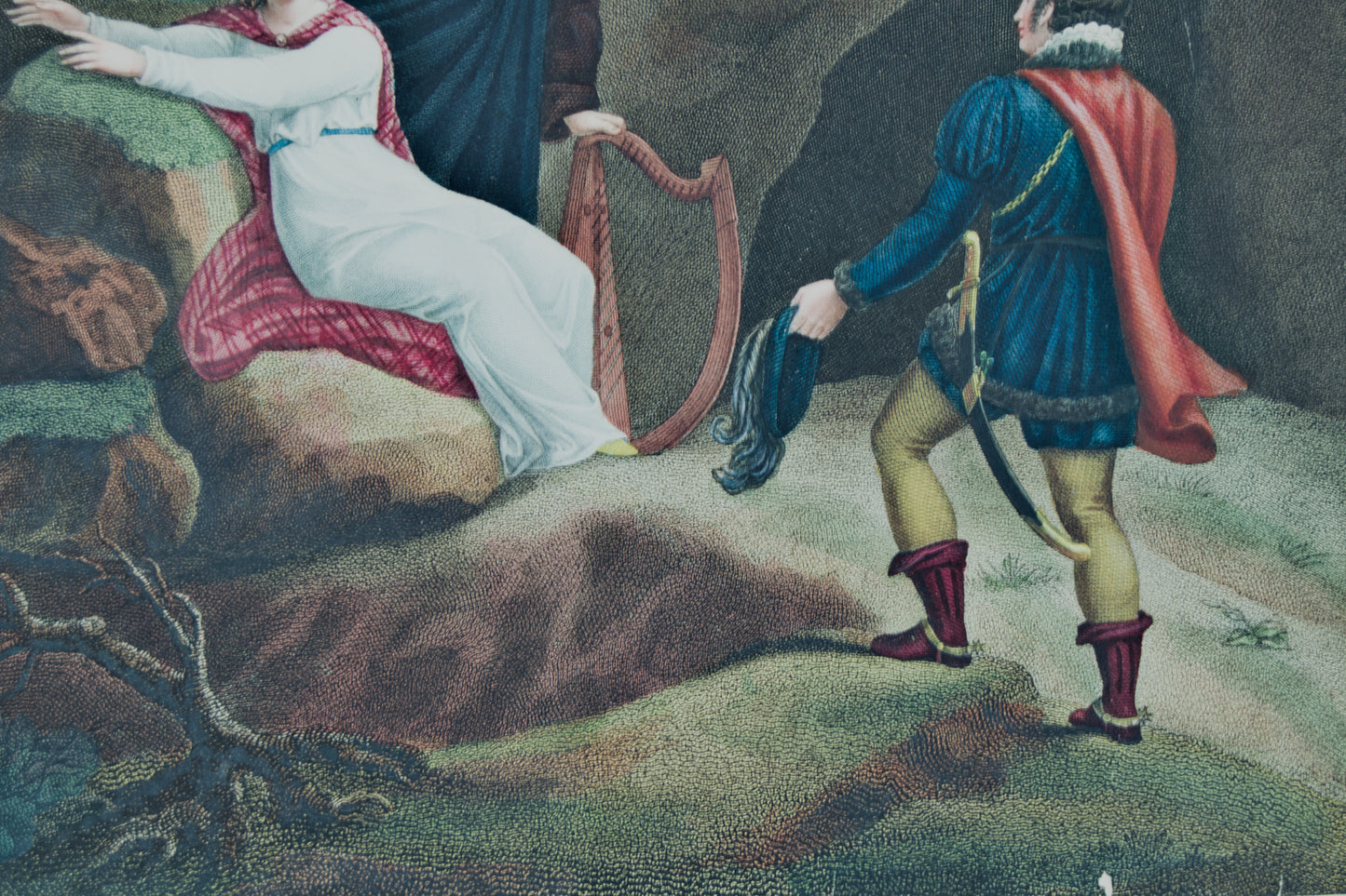 Grabado Original S. XIX | La Dama del Lago (Sir Walter Scott) | Coloreado a Mano